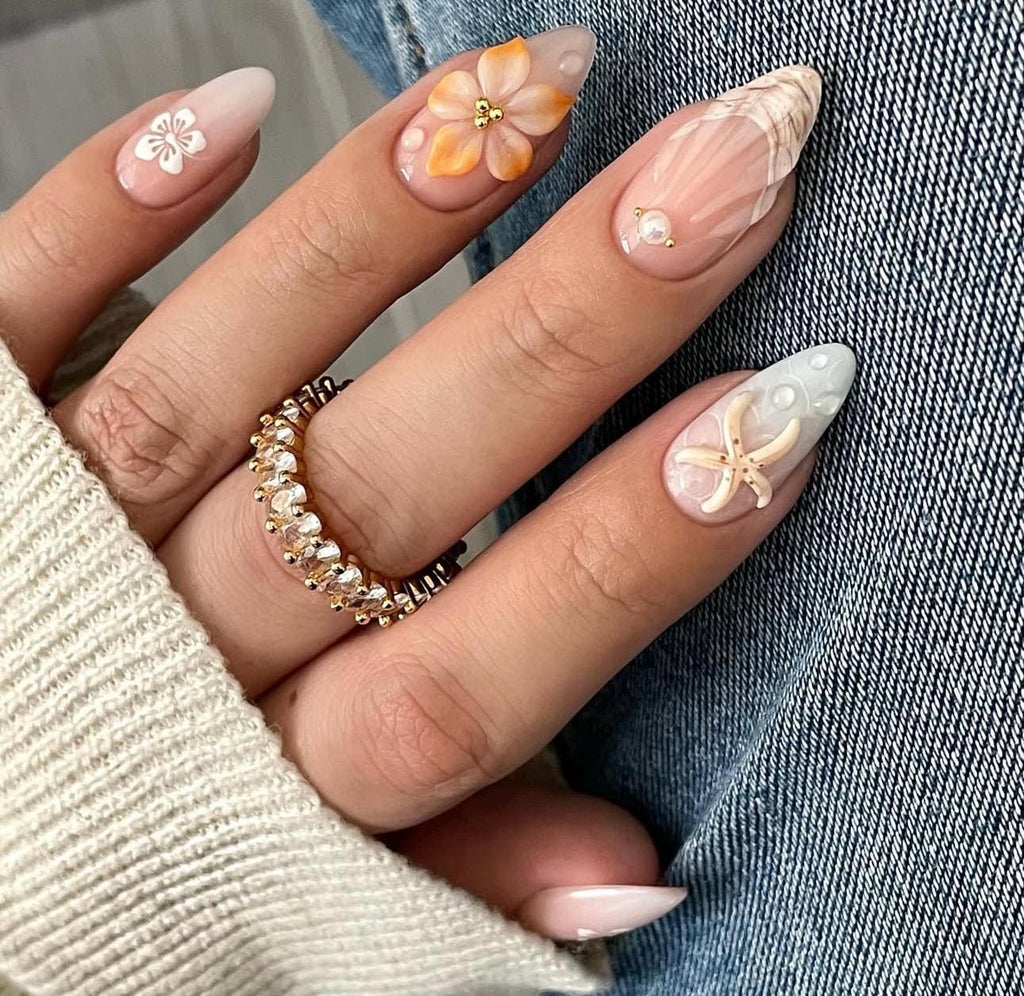 Mermaid Press On Nails: Starfish Almond-Shape Summer Set