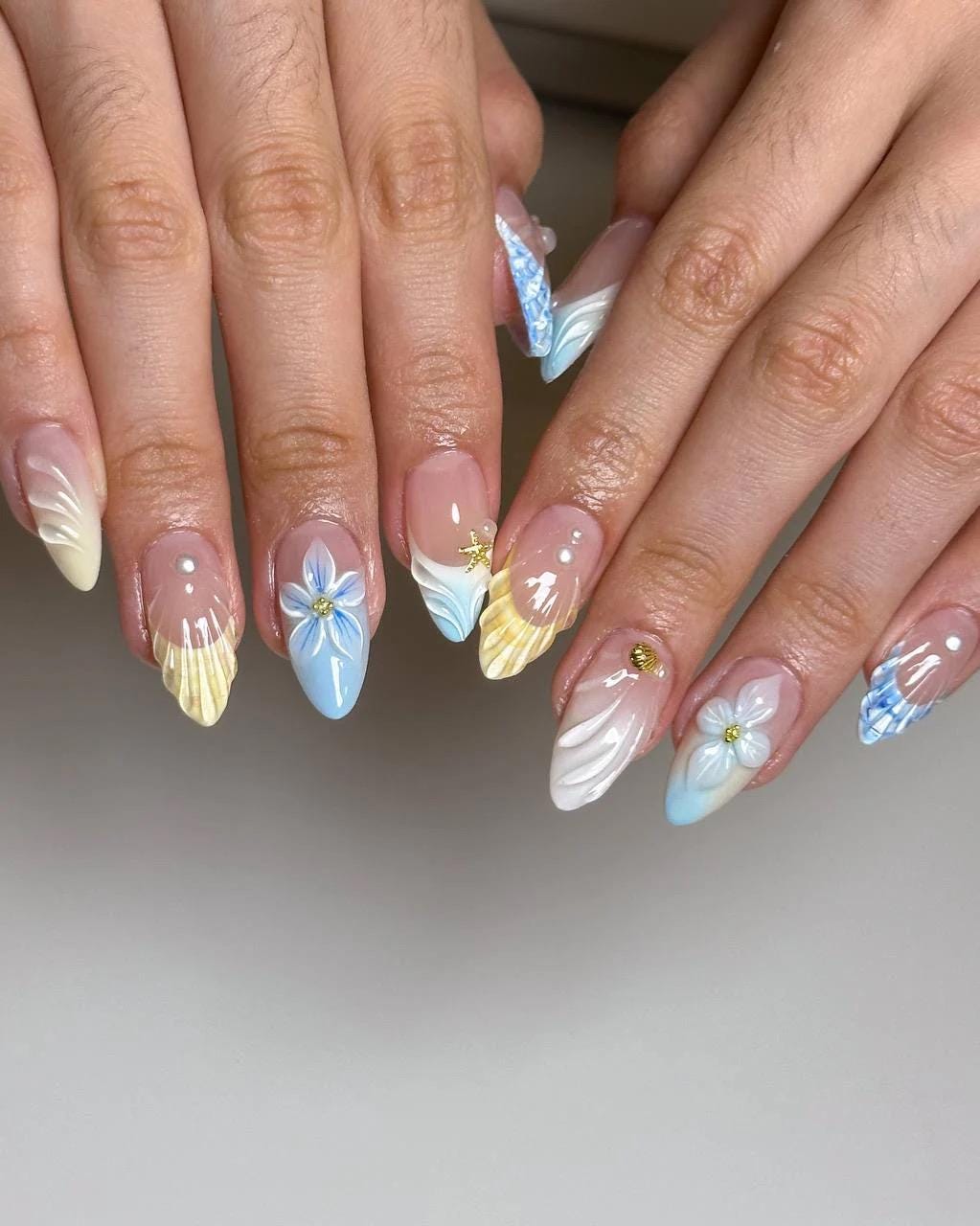 Almond Press On Nails: 3D Floral, Butter Yellow, Mermaid Beach Nail