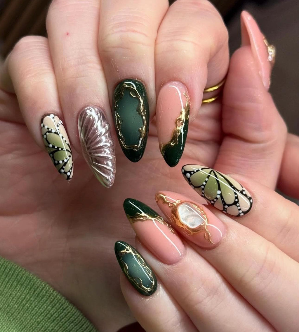3D Butterfly Press On Nails: Green Chrome Medium Almond Handmade Nail Set