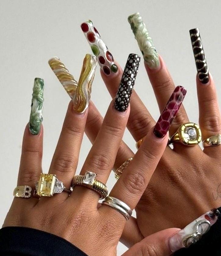 Artistic Mixed Design Press On Set, 3D Sculpted Details with Gold Accents, Luxury Editorial Y2K Style | Handmade Custom Art, Square Nail Set