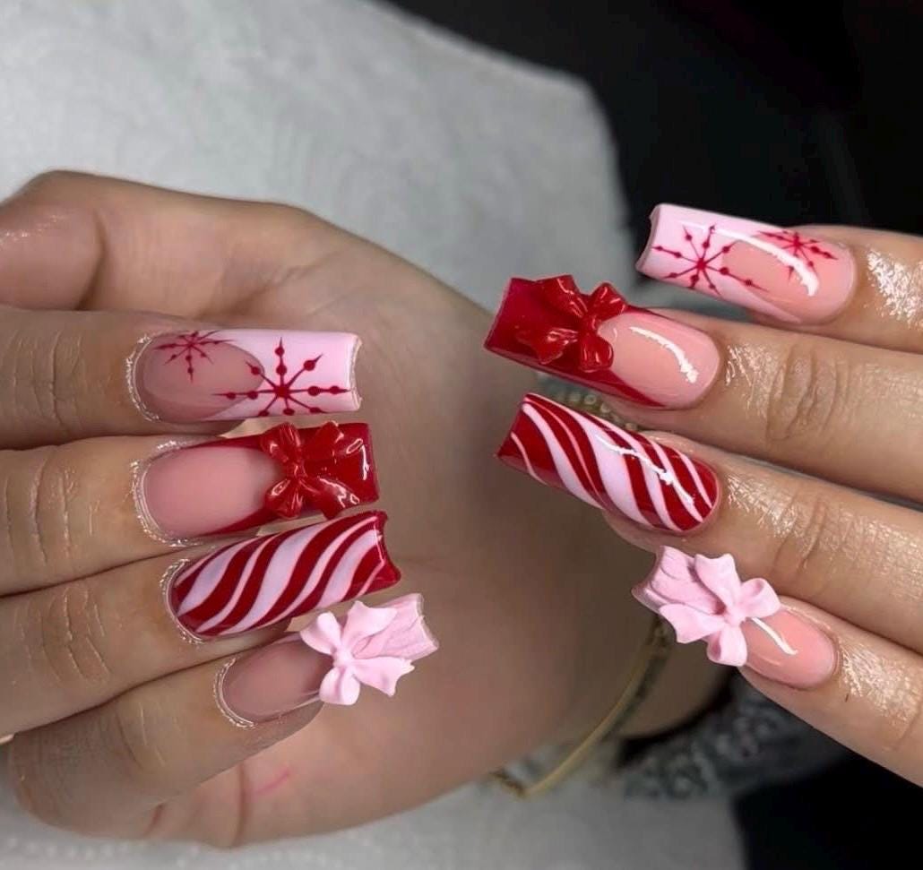Peppermint Candy Cane Nails | Christmas Gift Bow Press On Nails | Pink Red Holiday Nails | 3D Bow Nail Set | Cute Xmas Acrylic Look Nails