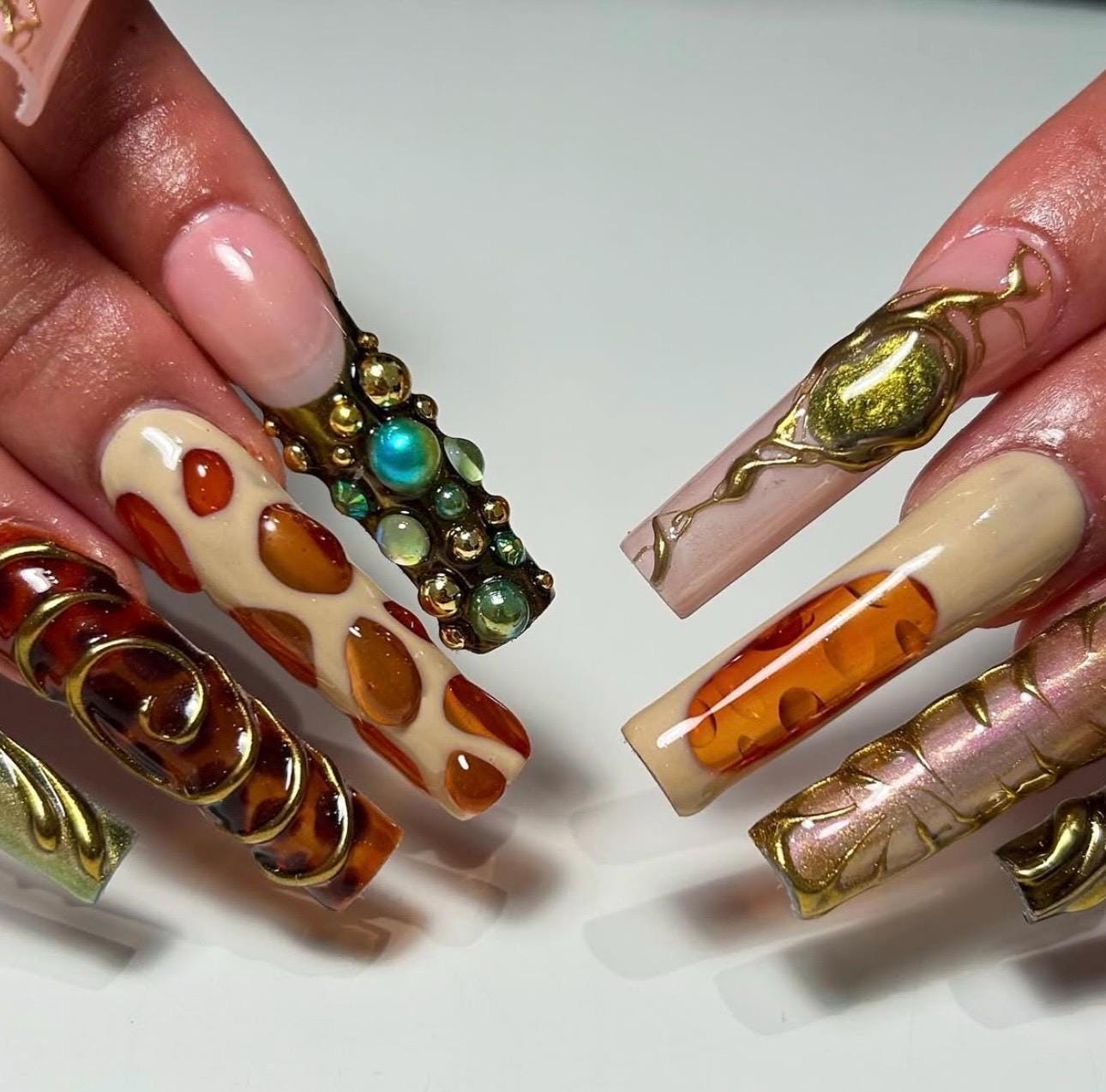 Luxury Baroque Nails | Long Square Press On Nails | Gold 3D Embossed with Amber & Gemstone Details | Elegant Statement False Nails