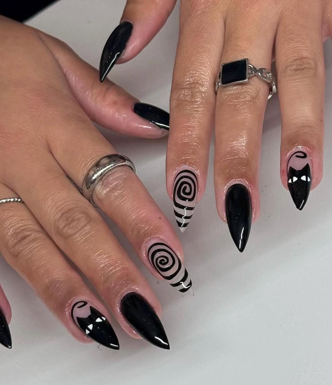 Gothic Black Cat Stiletto Press On Nails: Y2K Spiral Nail Art