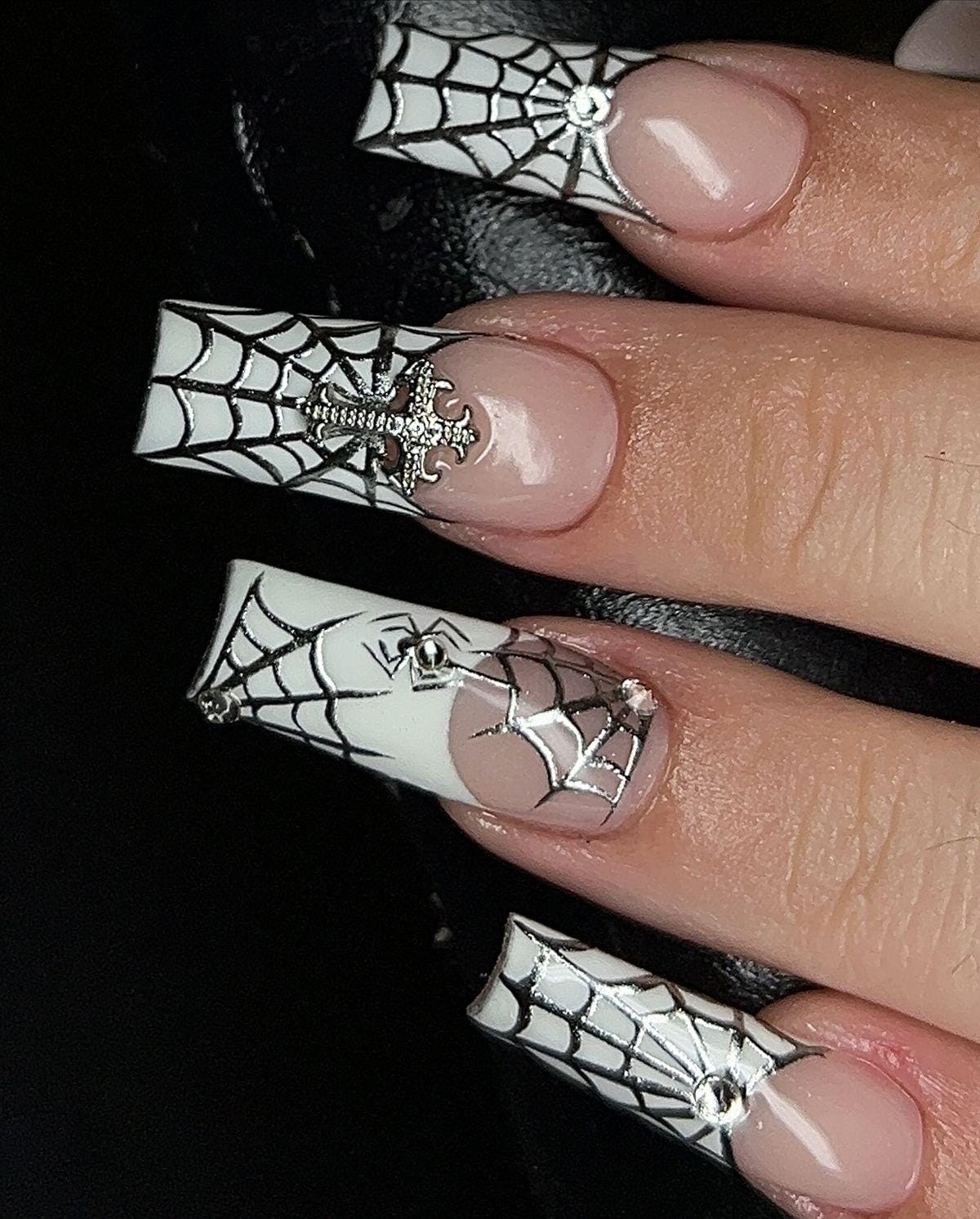 Long Square Gothic Press On Nails | Silver Chrome Spider Web & Cross Charm | White French Tips | Spooky Luxury Halloween Nail Art Set