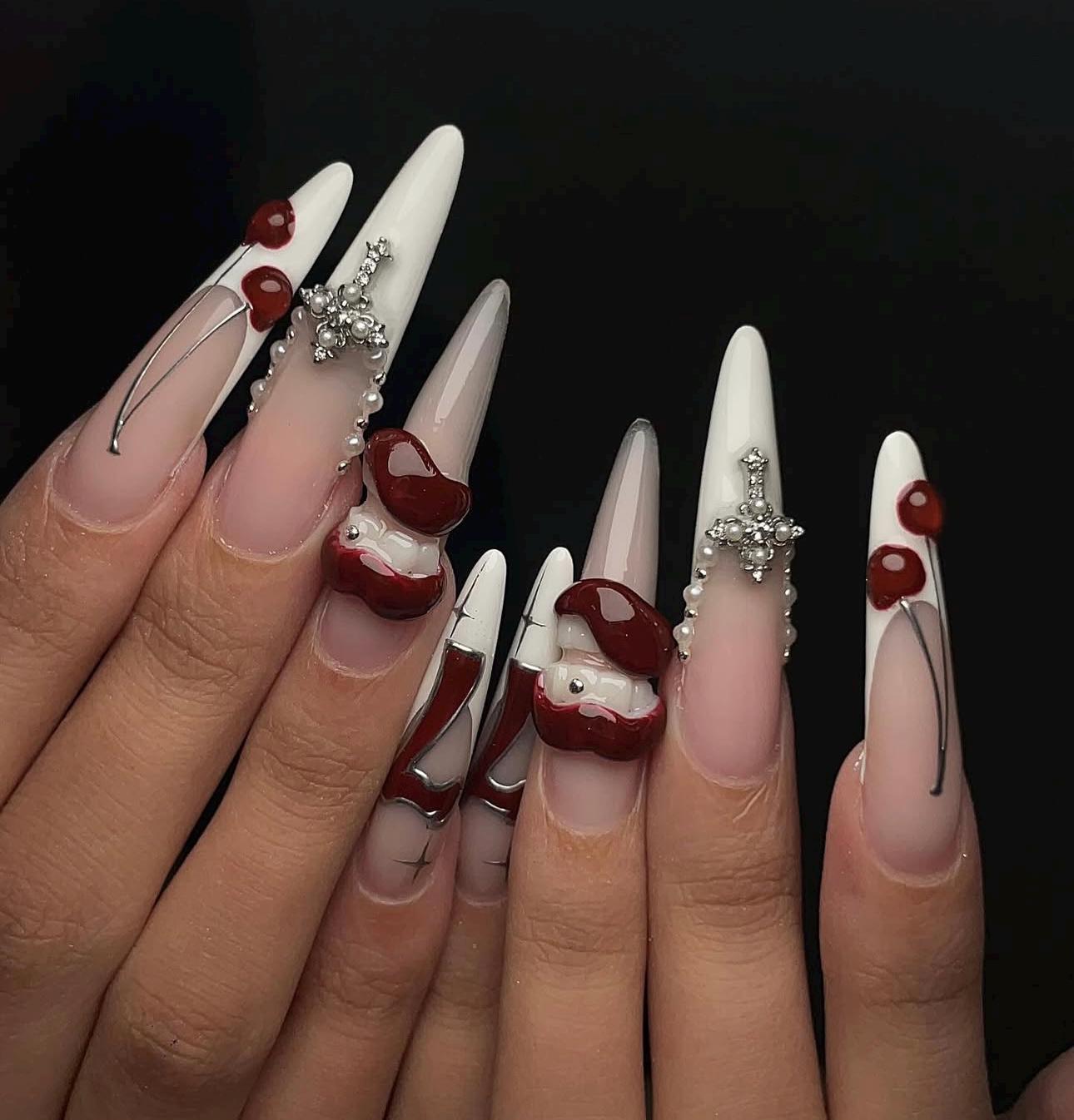 XL White Stiletto Press On Nails: 3D Cherry, Cross & Rhinestone Gothic Nail Set