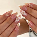 Almond Nude French Press On Nails | White 3D Flower & Gold Pearl Design | Elegant Bridal Nail Set | Luxury Handmade Winter Nails
