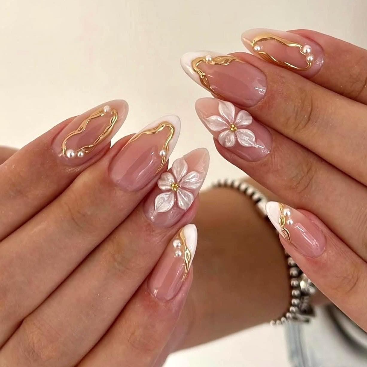Almond Nude French Press On Nails | White 3D Flower & Gold Pearl Design | Elegant Bridal Nail Set | Luxury Handmade Winter Nails