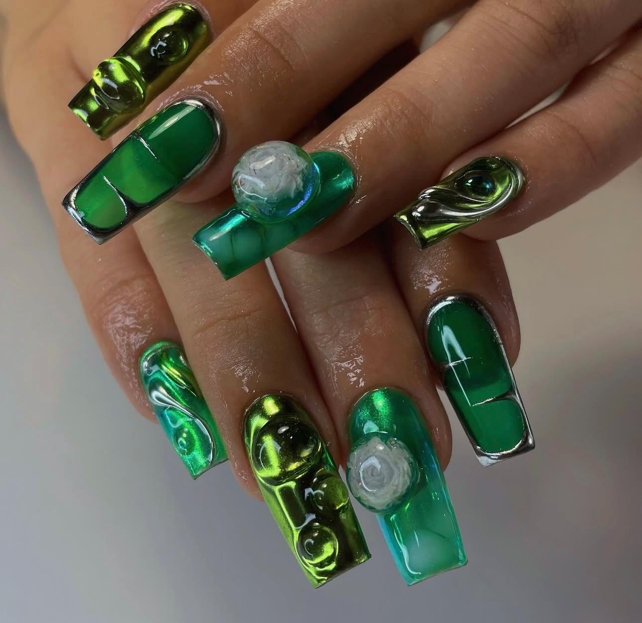 Green Chrome Square Handmade Press on Nails with Silver & 3D Flowers
