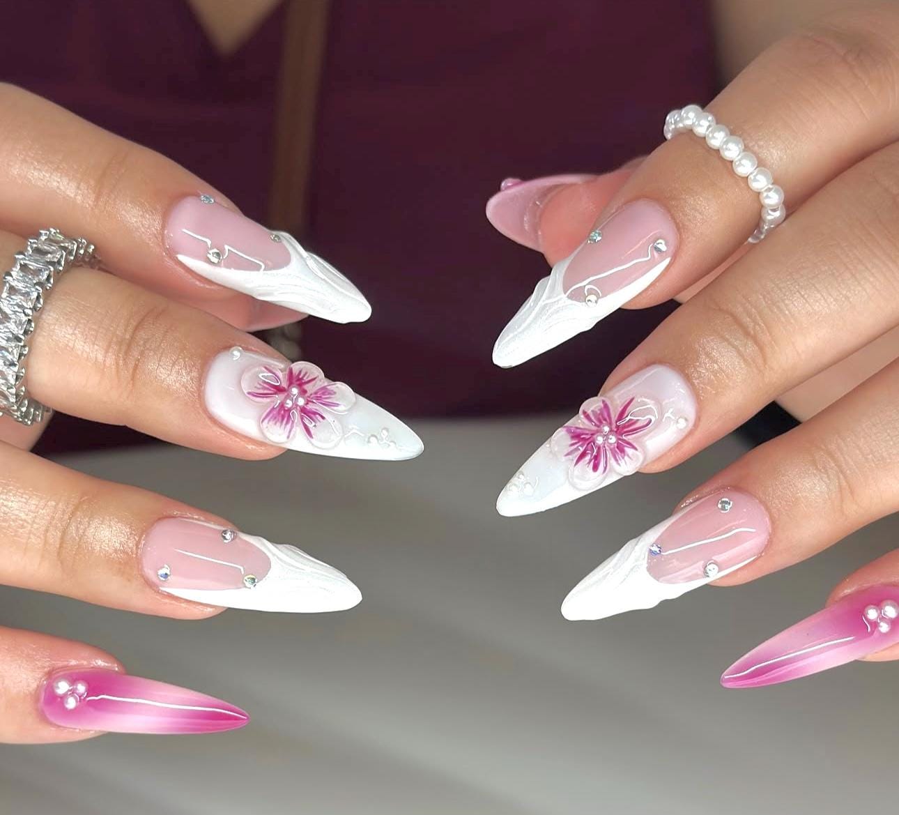 3D Floral Press On Nails: White French Almond, Handmade Nail Art