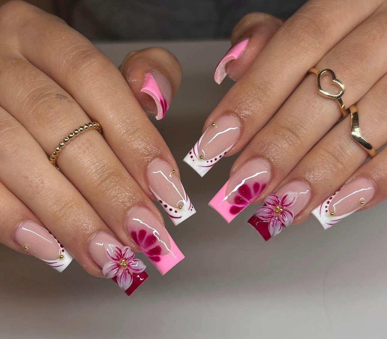 3D Floral Press On Nails: White French Tip, Handmade Nail Set, Pink Design nails