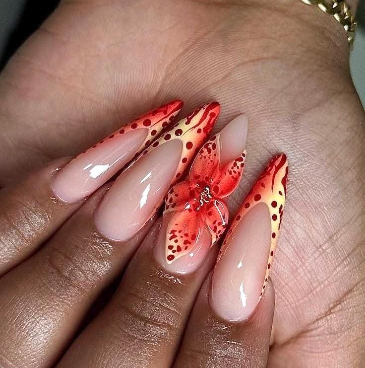3D Flower Press On Nails: Red Ombre Long Stiletto Press ons, Handpainted Nail Set, Spring Nails
