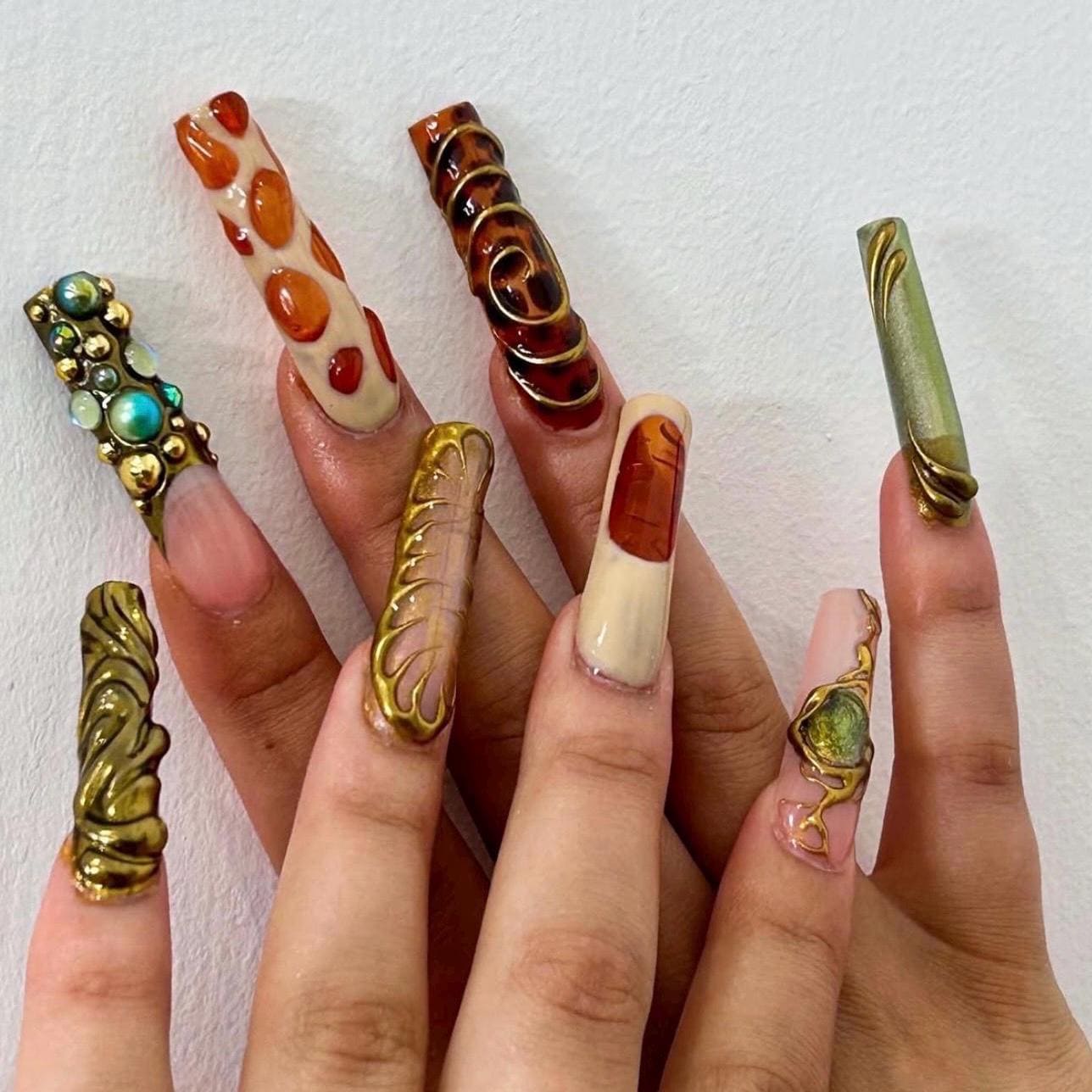 Luxury Baroque Nails | Long Square Press On Nails | Gold 3D Embossed with Amber & Gemstone Details | Elegant Statement False Nails