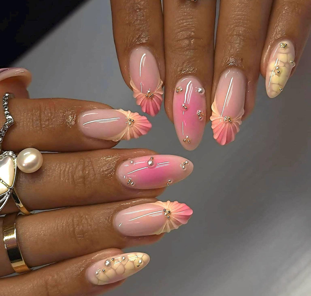 Buttery Yellow Press On Nails: Pink Ombre 3D Gel, Medium Almond Handmade Nail Set