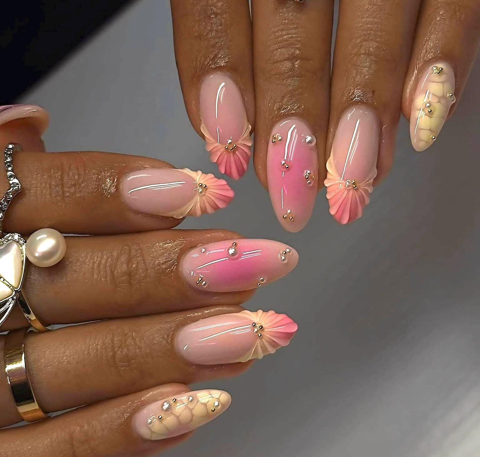 Buttery Yellow Press On Nails: Pink Ombre 3D Gel, Medium Almond Handmade Nail Set