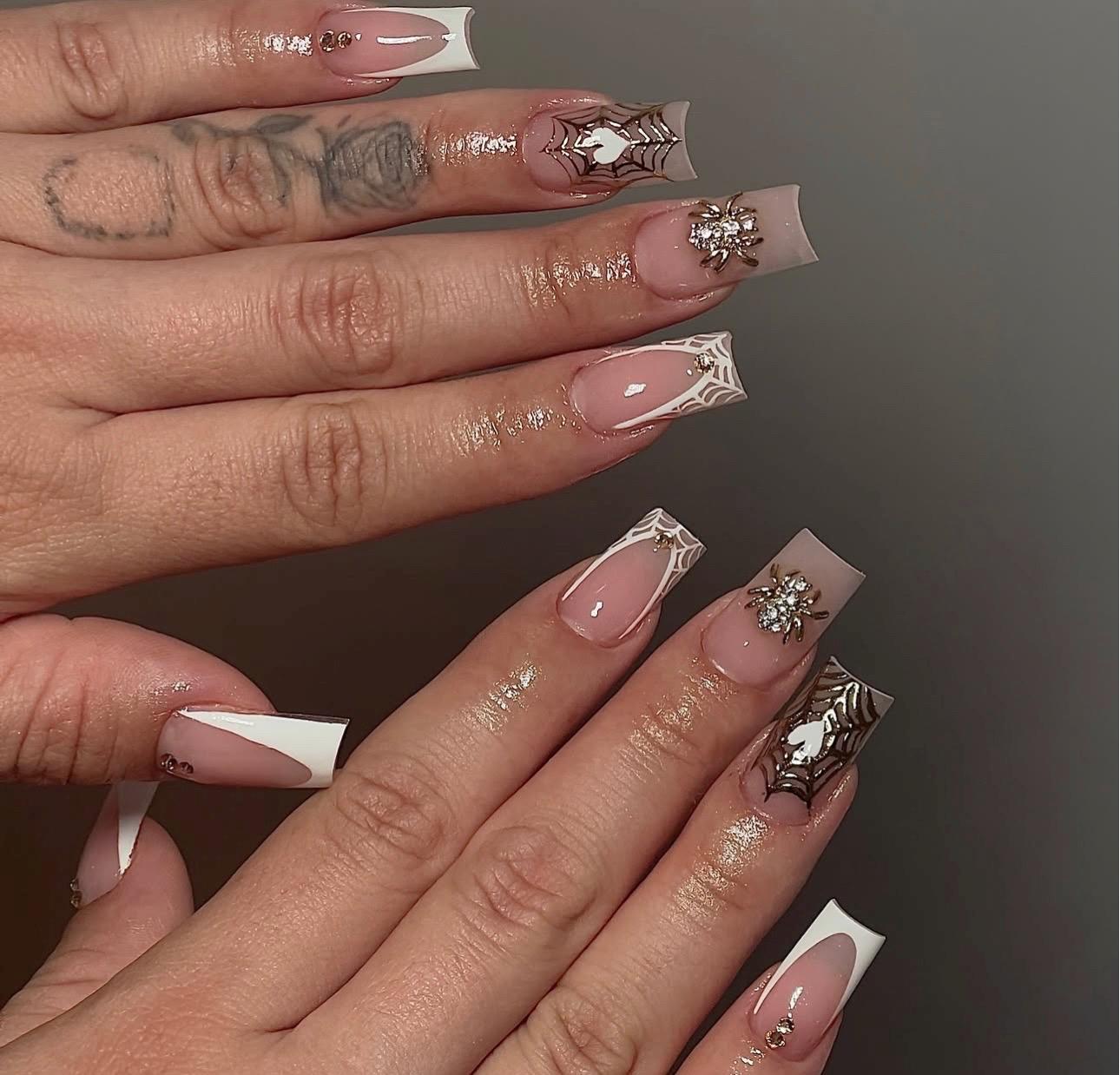 Coffin Spider Web Press On Nails: White French Gold Chrome Tips, Gothic Halloween Manicure