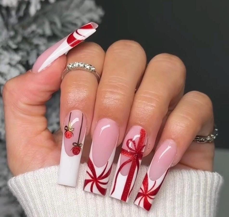 Candy Cane Christmas Nails | Red White Gift Bow Press On Nails | Holiday Fake Nails | Winter Sticker Nails | Long Coffin Christmas Nail Set