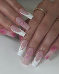 3D Flower Press On Nails: Square French Tip, Luxury Handmade Gel