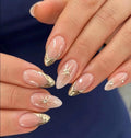 Gold Chrome French Tip Nails | Nude Medium Almond Press On Nails with Star Design - Rhinestone Accents, Elegant Bridal Wedding Nails, Unique