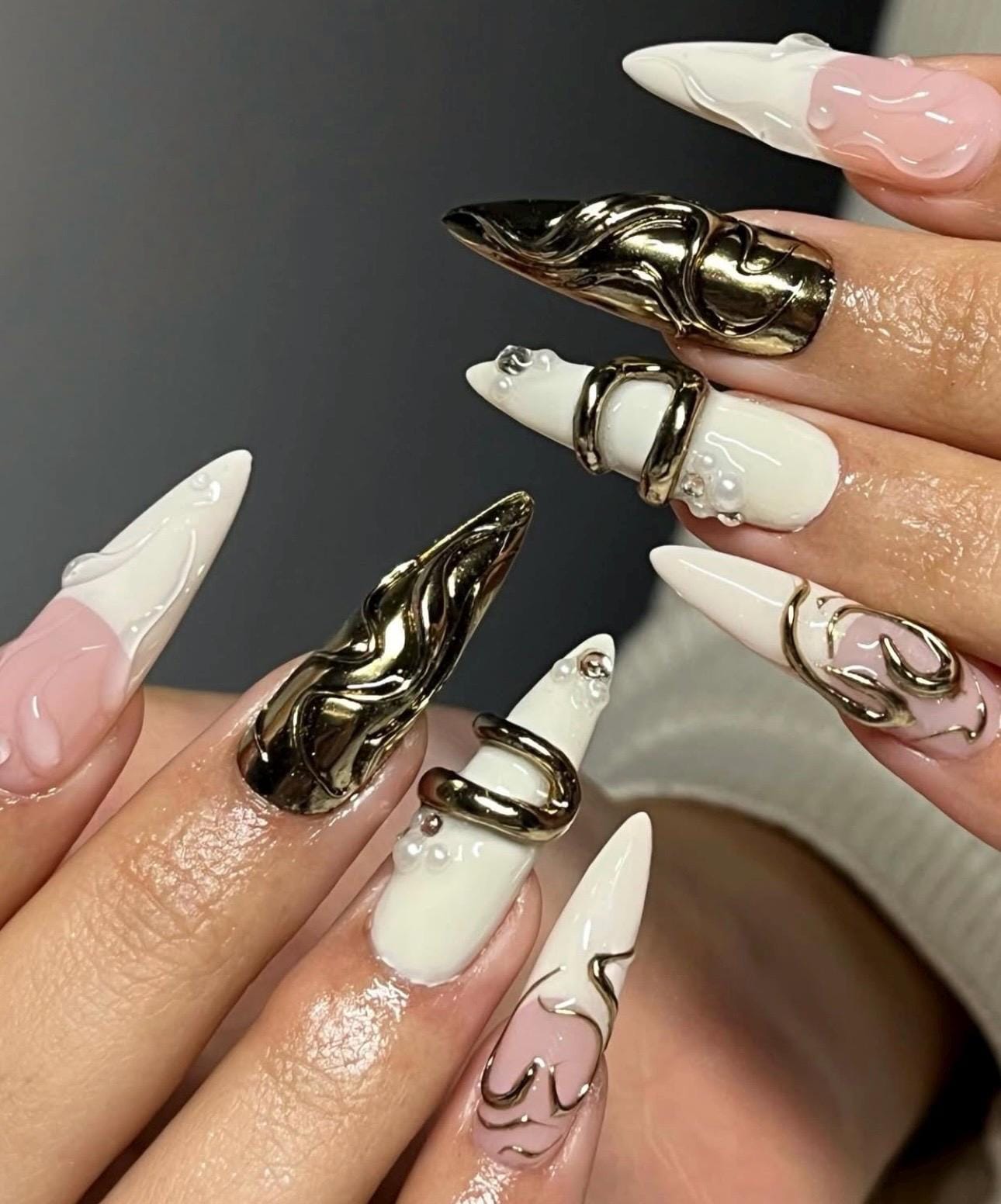 Luxury Sculpted Chrome Press On Nails | Nude Pink & Ivory 3D Gold Metal Design | Handmade Long Stiletto Statement Nails