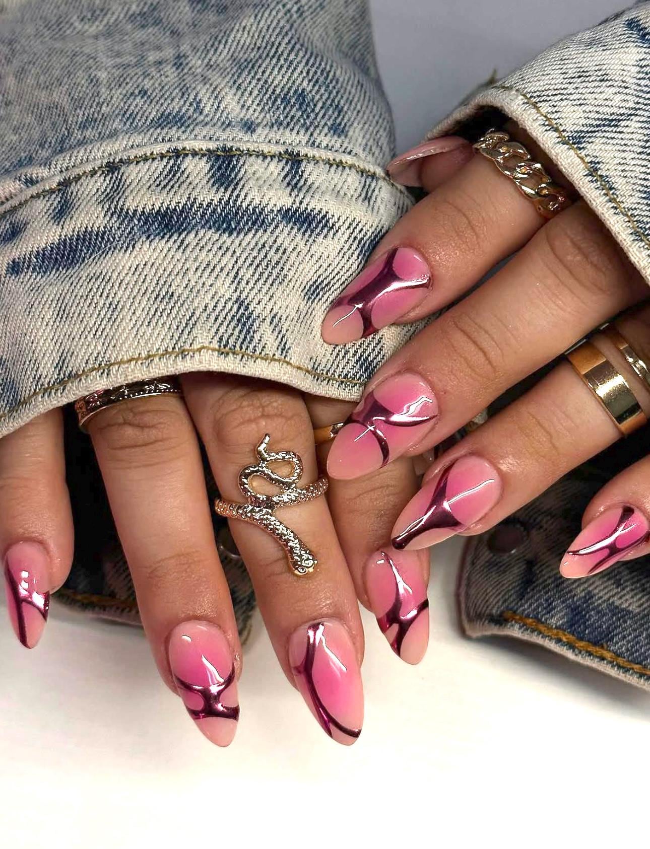 Pink Chrome Press On Nails: Almond Nail Art, Summer Glam