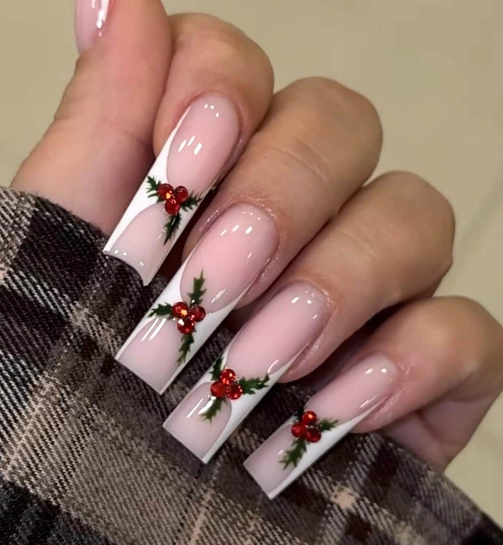 Holiday Holly Christmas Press On Nails – Red Rhinestone Berries, White French, Winter Nail Art, Handmade Reusable Nail Set, Long Square Nail