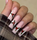 Holiday Holly Christmas Press On Nails – Red Rhinestone Berries, White French, Winter Nail Art, Handmade Reusable Nail Set, Long Square Nail