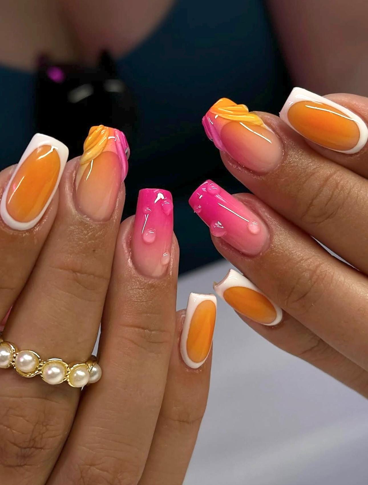 Pink & Orange Press On Nails: 3D Gel Art, Square Summer Nails