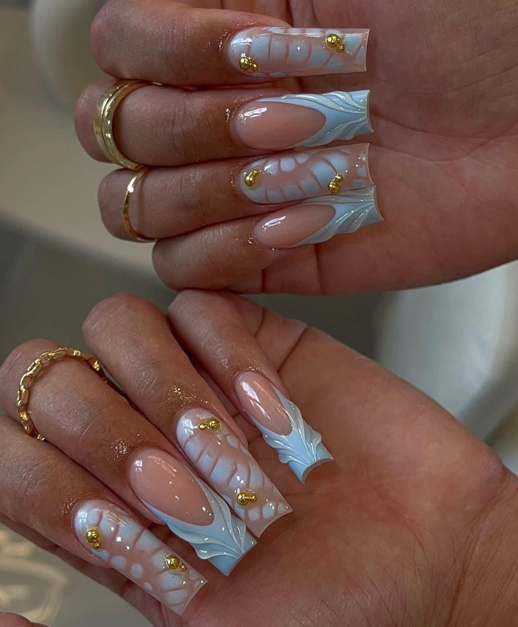 Baby Blue Blooming Press On Nails: 3D Gel Nail Art, Gold Beads, Handmade Blue French Nails, Long Square Nails