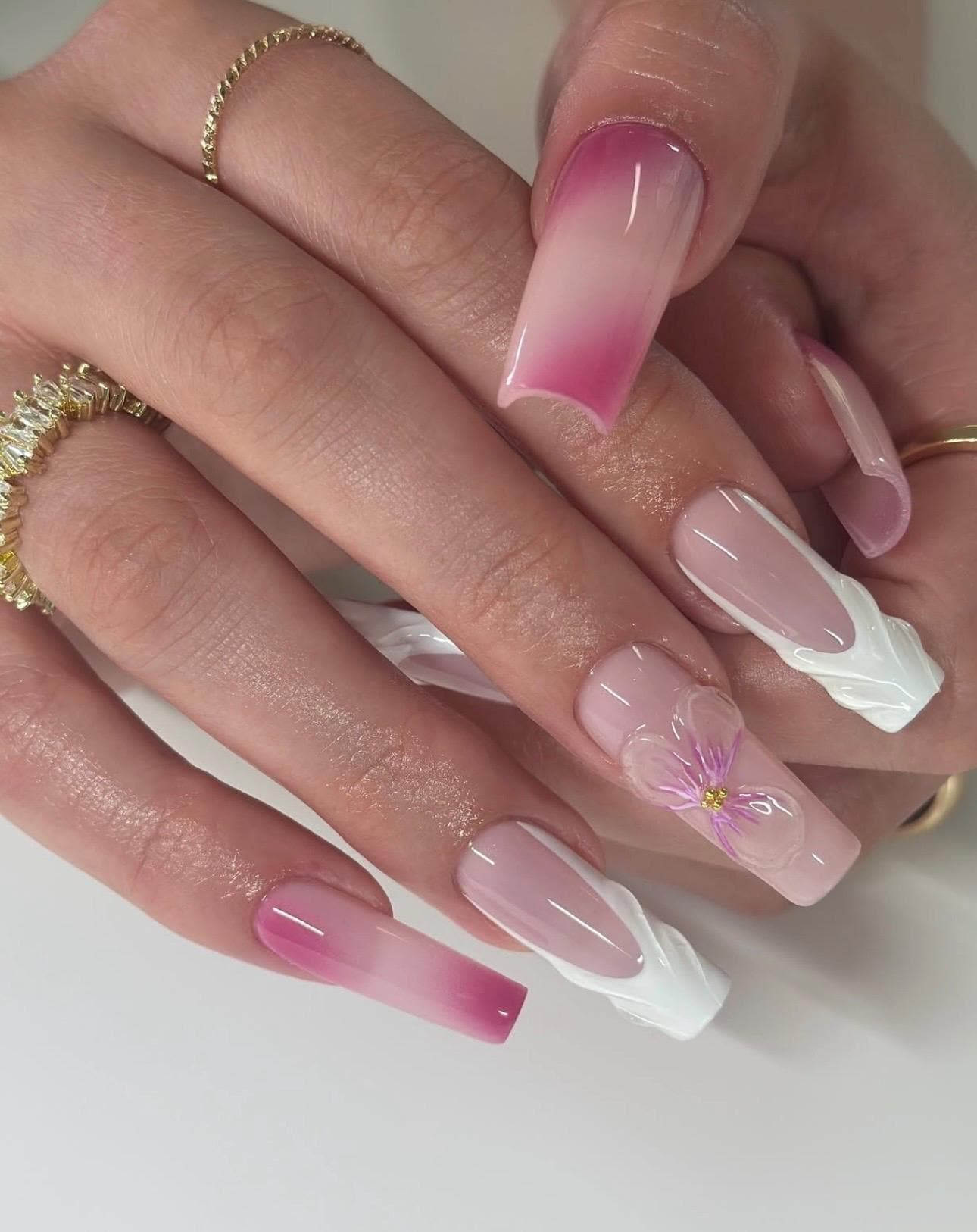 3D Flower Press On Nails: Square French Tip, Luxury Handmade Gel
