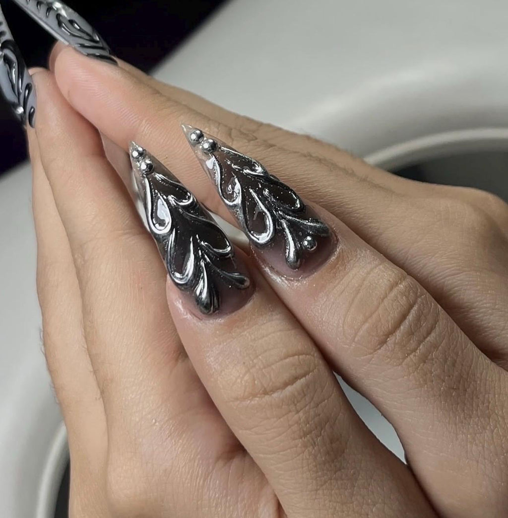 Luxury 3D Gold Chrome Press On Nails | Sculpted Metal Art Nails | Nude Brown Stiletto Nails | Handmade Reusable Nail Set