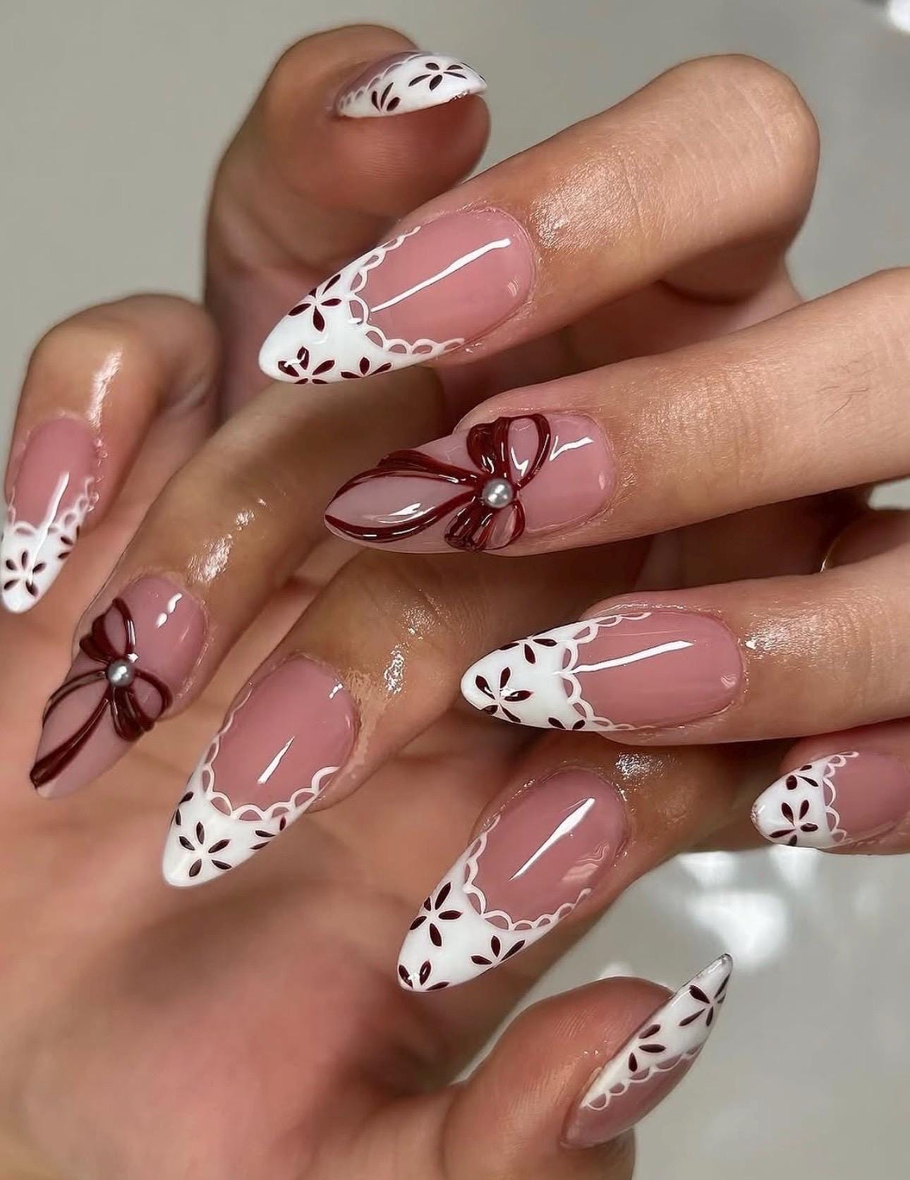 White Lace French Press On Nails | Burgundy Bow Nails | Elegant Winter Nails | Holiday Bridal Nails | Almond Handmade Fake Nails
