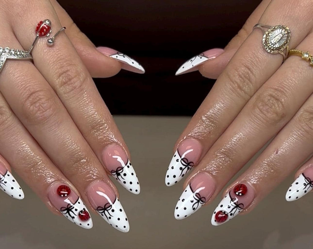 Ladybug Press On Nails: White Almond Kawaii Nails with Bows