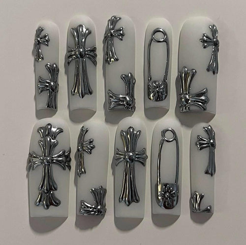 3D Cross Press On Nails: Matte Metallic Art, Custom Design