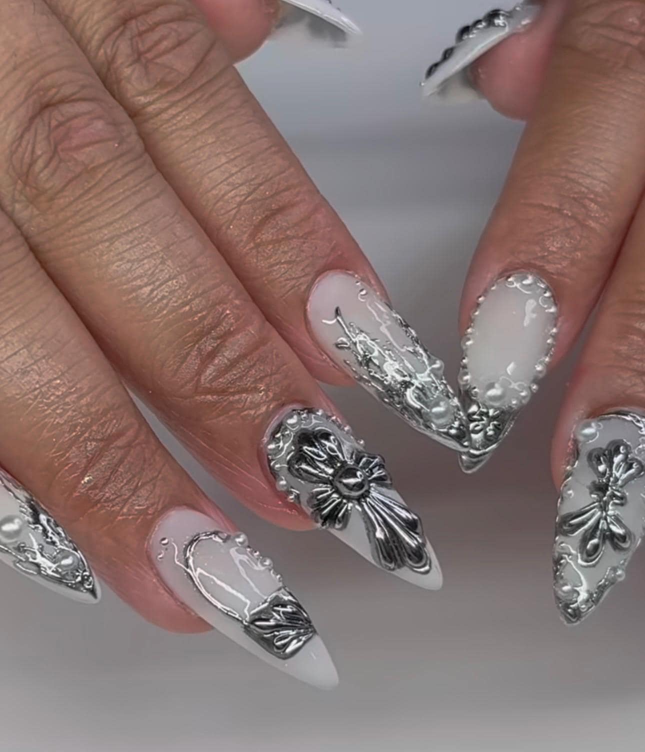 White Press On Nails: Silver Chrome Cross, 3D Gothic Almond Nail Art
