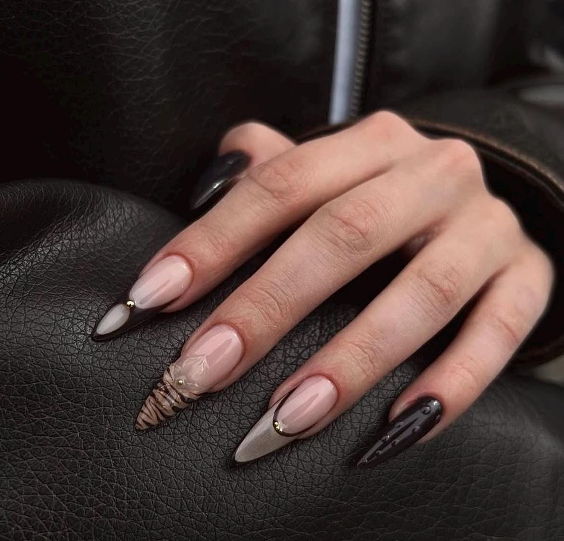 Brown French Nails with Leopard & Cat Eye Design | Long Almond Fall Press On Nails | Luxury Handmade False Nails