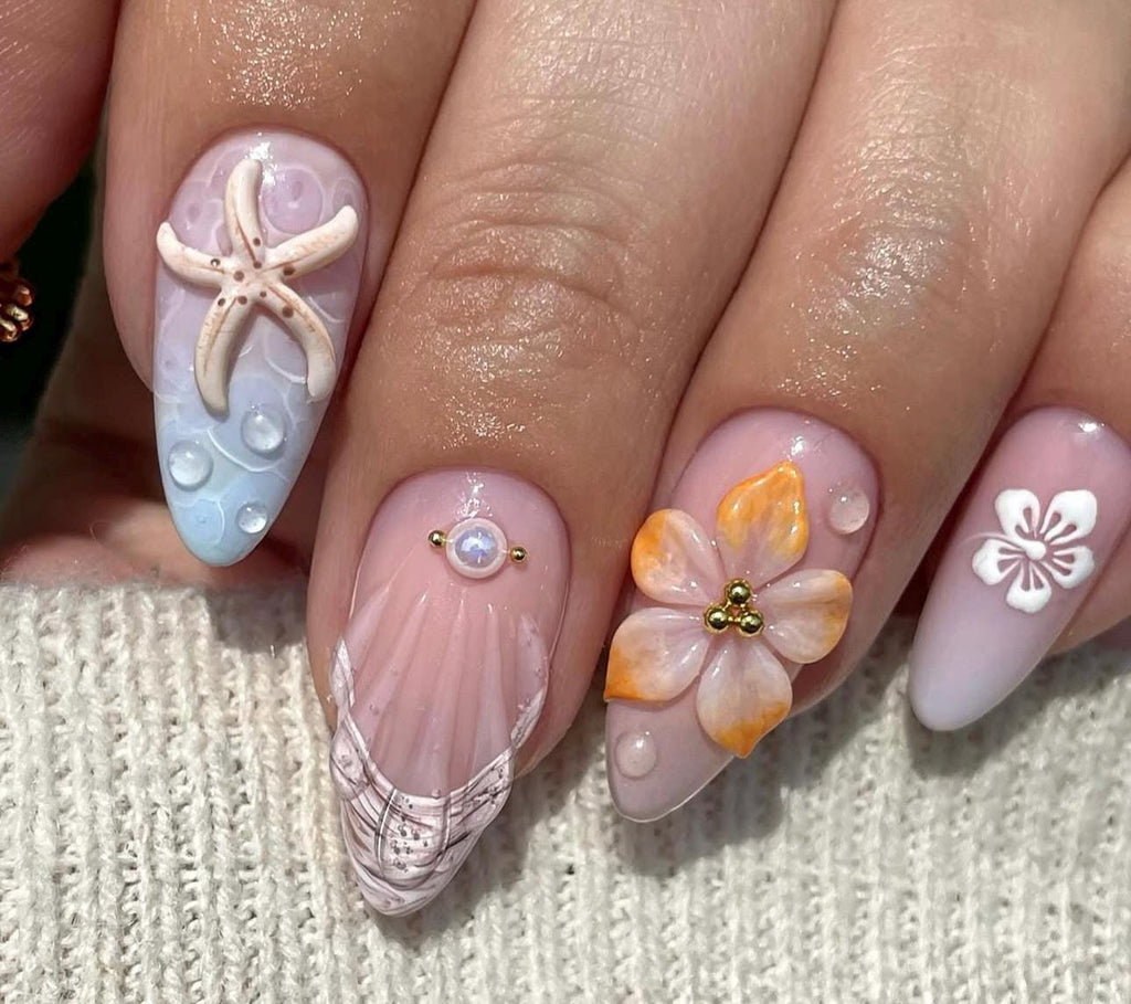 Mermaid Press On Nails: Starfish Almond-Shape Summer Set