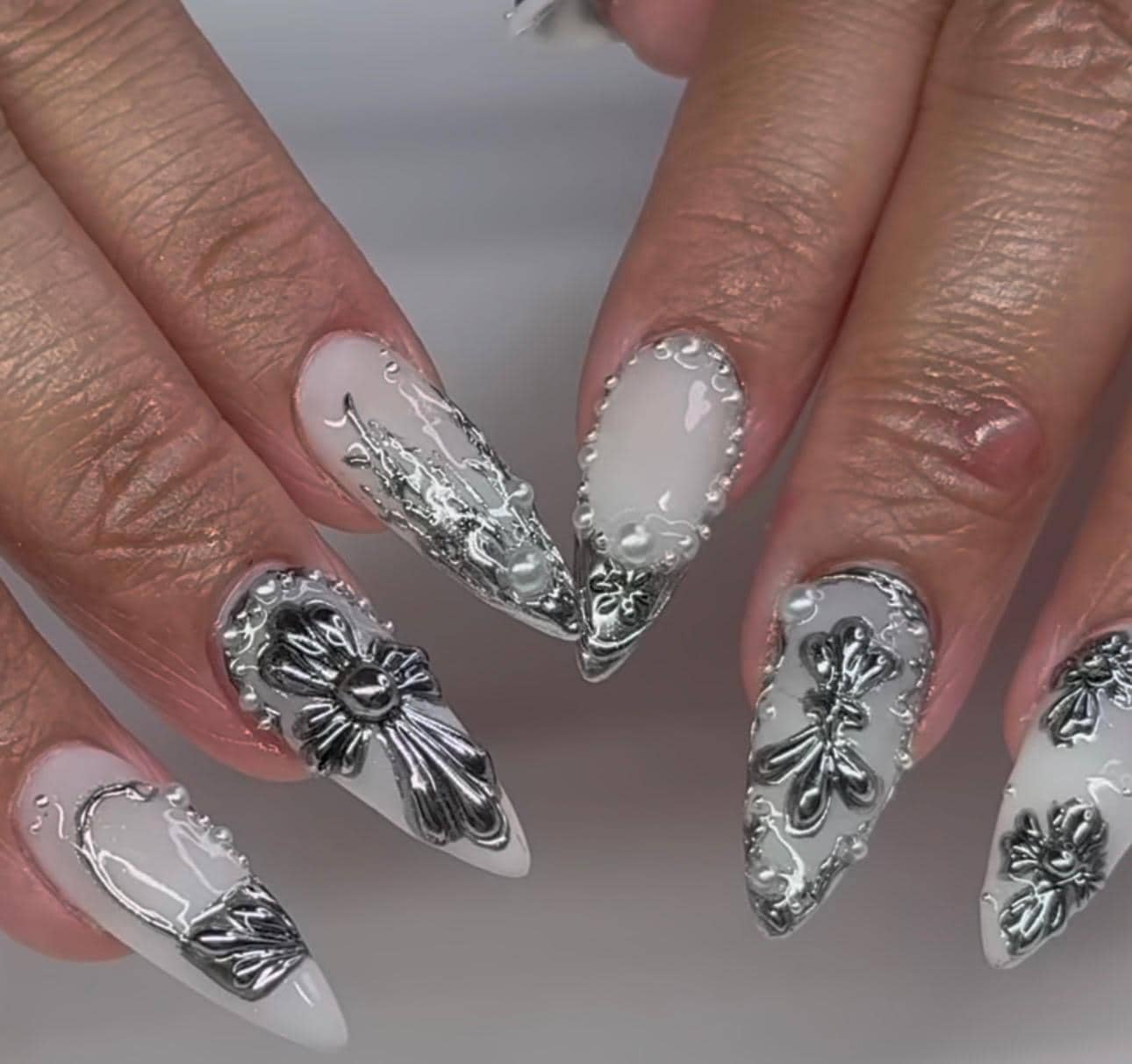 White Press On Nails: Silver Chrome Cross, 3D Gothic Almond Nail Art