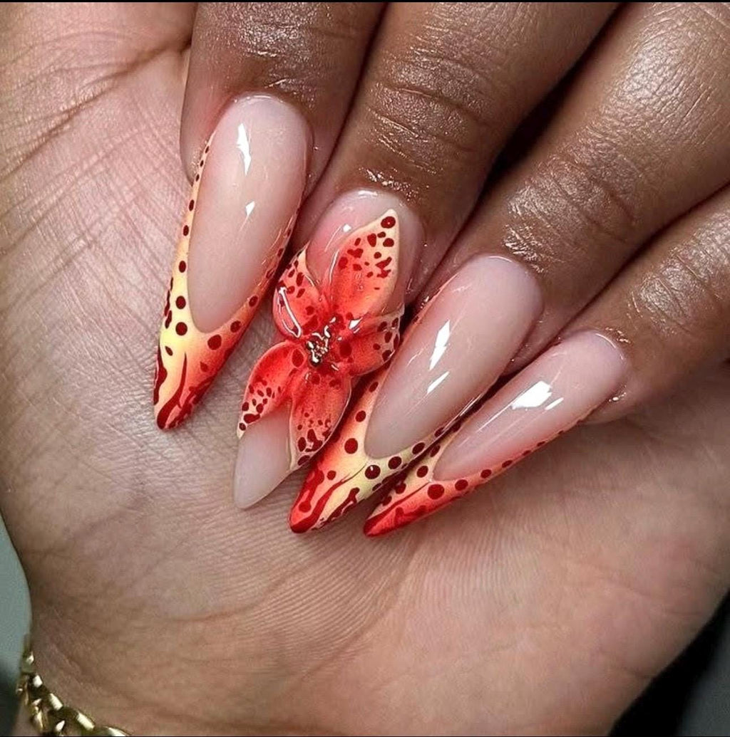 3D Flower Press On Nails: Red Ombre Long Stiletto Press ons, Handpainted Nail Set, Spring Nails