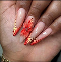 3D Flower Press On Nails: Red Ombre Long Stiletto Press ons, Handpainted Nail Set, Spring Nails
