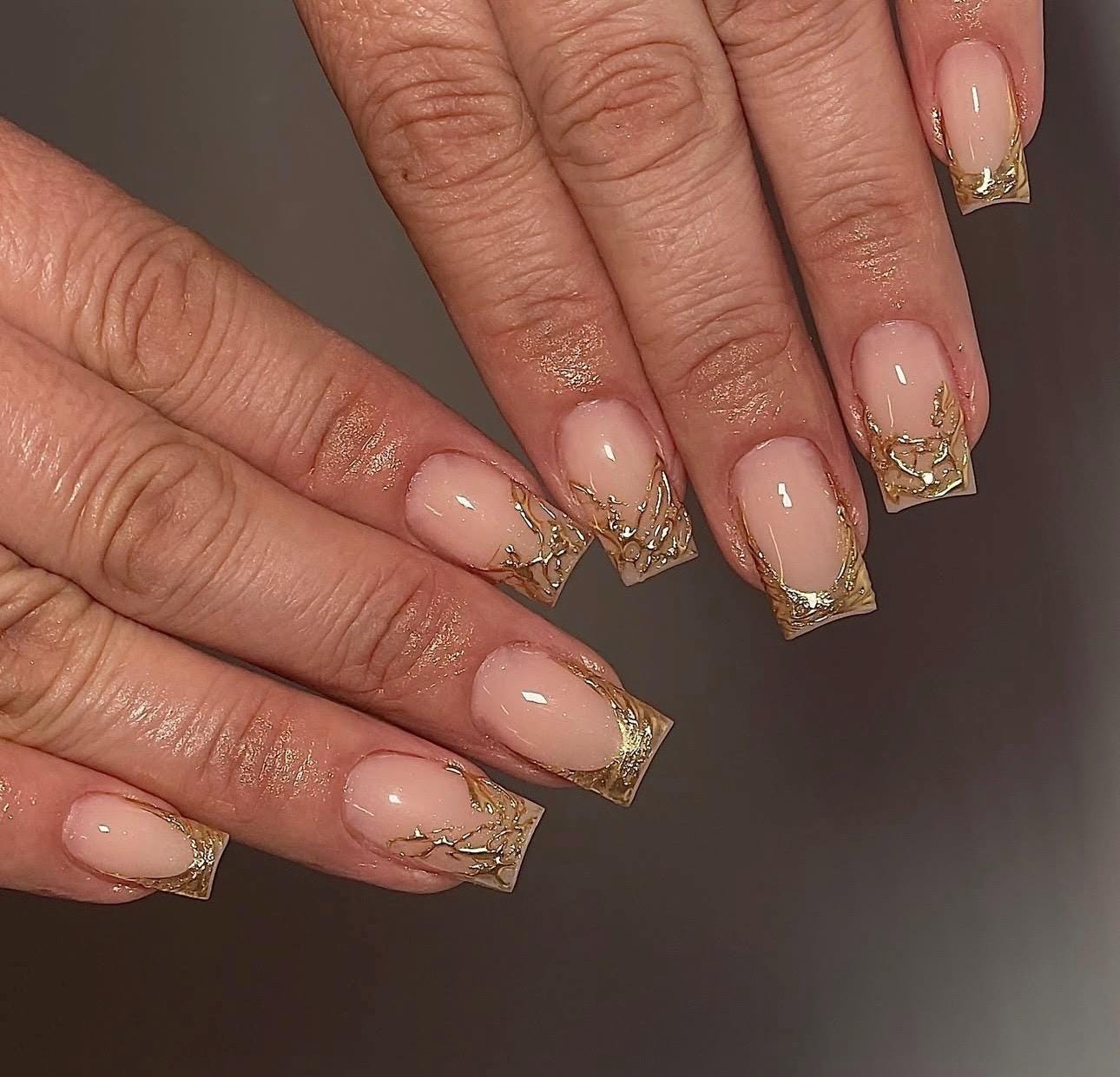Luxury Nude French Press On Nails | Gold Chrome Tip Coffin Nails | Elegant Minimal Nail Set | Shiny Nude Manicure | Wedding & Gift for Her