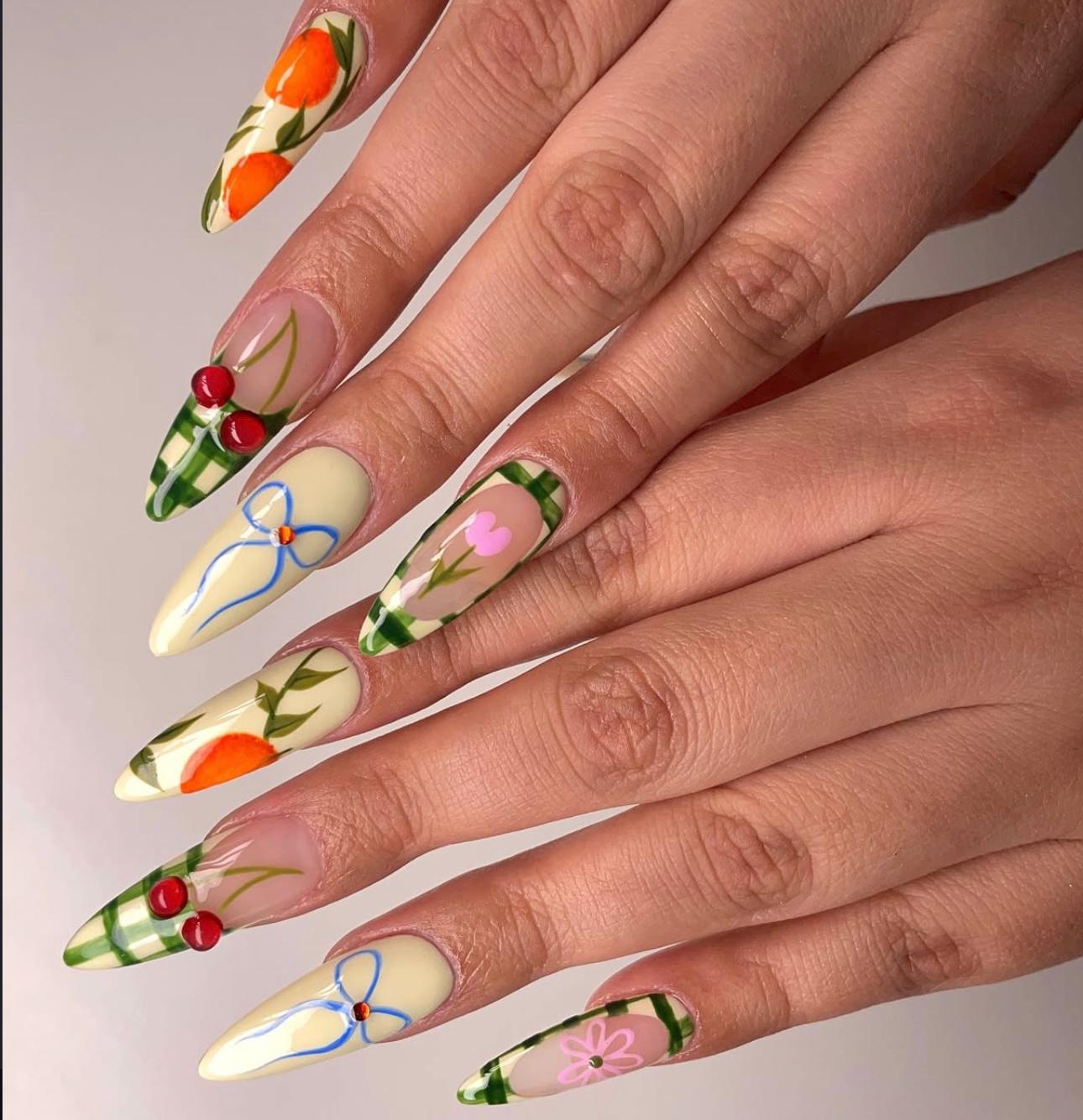 Cherry Floral Press On Nails: Handmade Fruit Nail Art with Ribbon