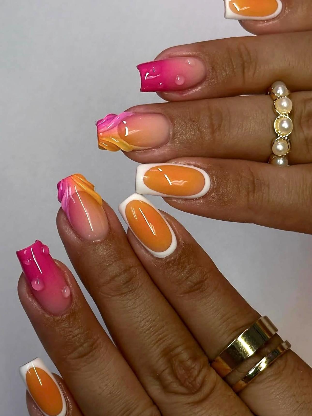 Pink & Orange Press On Nails: 3D Gel Art, Square Summer Nails