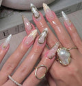 3D Mermaid Pearl Press On Nails: Luxury Gold Shell Stiletto - Bridal Ocean Design