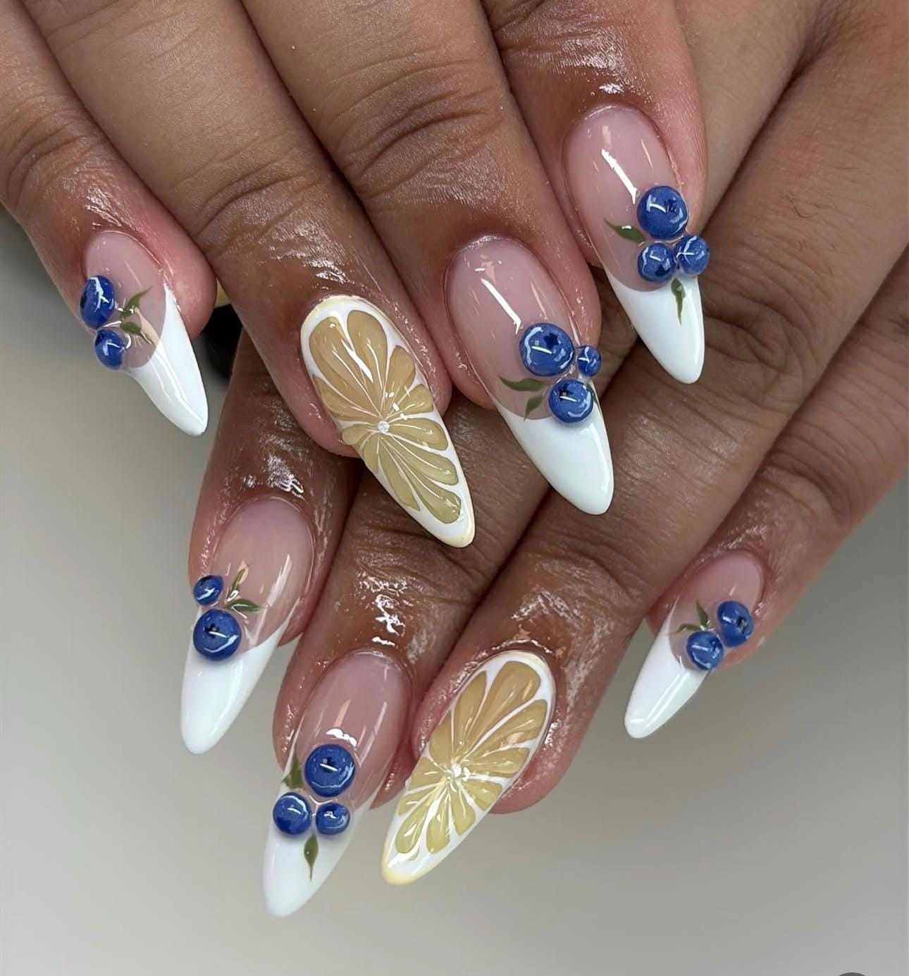 3D Citrus Blueberry Press On Nails: Handmade French Tip False Nails