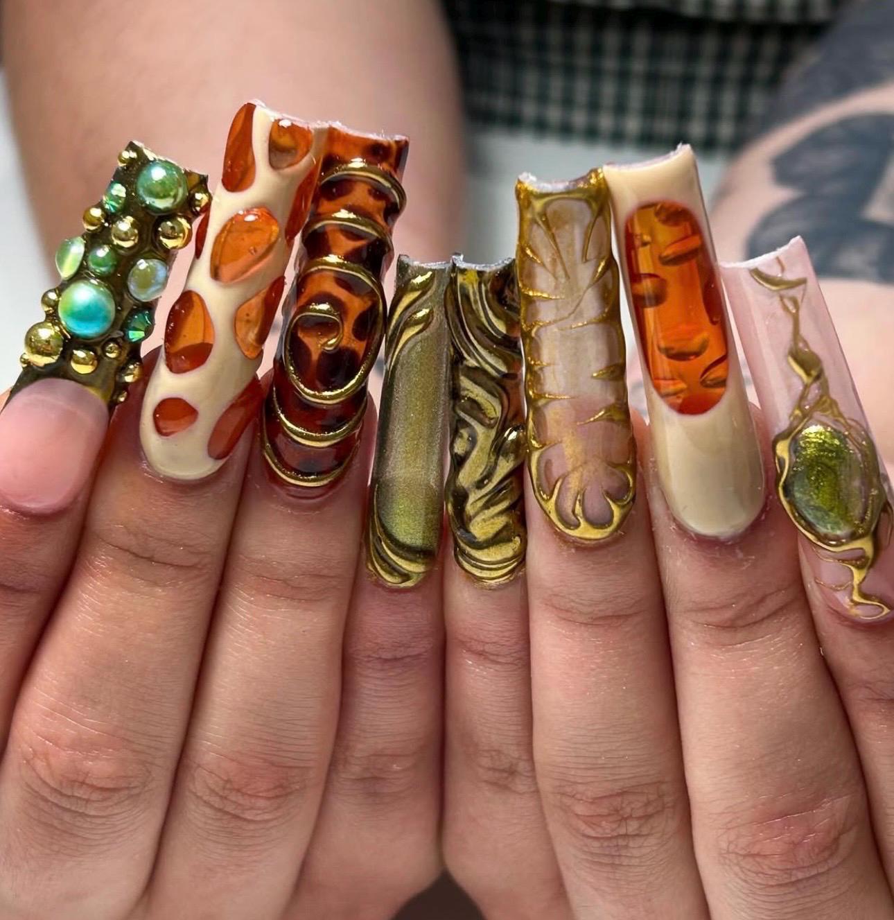 Luxury Baroque Nails | Long Square Press On Nails | Gold 3D Embossed with Amber & Gemstone Details | Elegant Statement False Nails