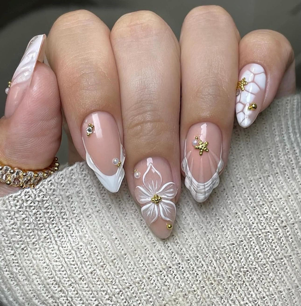 Starfish Charm Press On Nails: White Marble, 3D Flowers