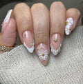 Starfish Charm Press On Nails: White Marble, 3D Flowers