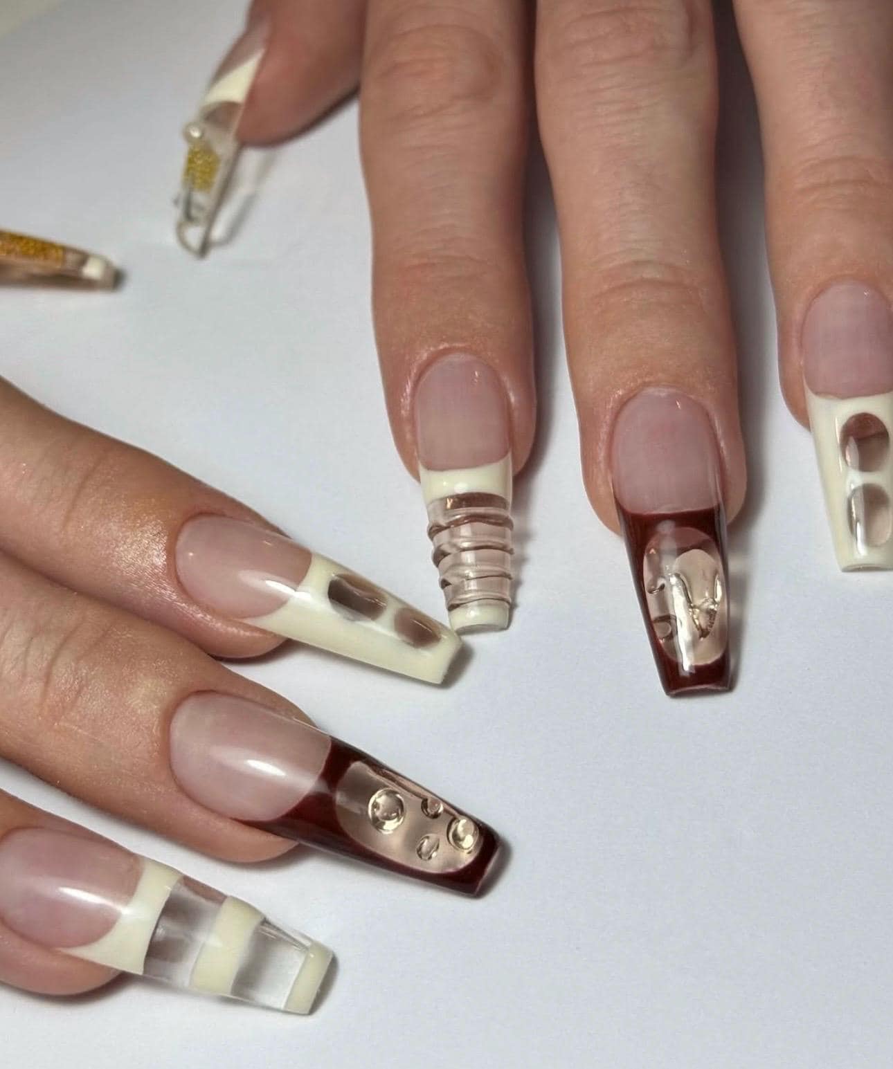 Luxury Glass French Press On Nails | Burgundy and Ivory Sculpted Nail Set | Transparent 3D Abstract Nails | Modern Handmade Nail Art