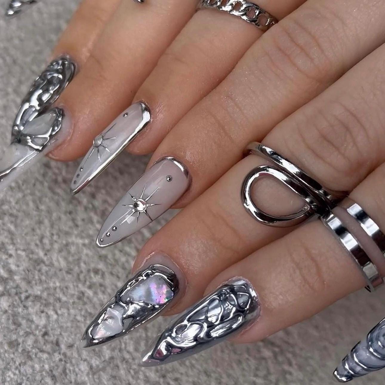 Milk White Gothic Nails with Silver 3D Gel Design | Long Almond Press On Nails | Elegant Gothic Nail Art for Special Occasions