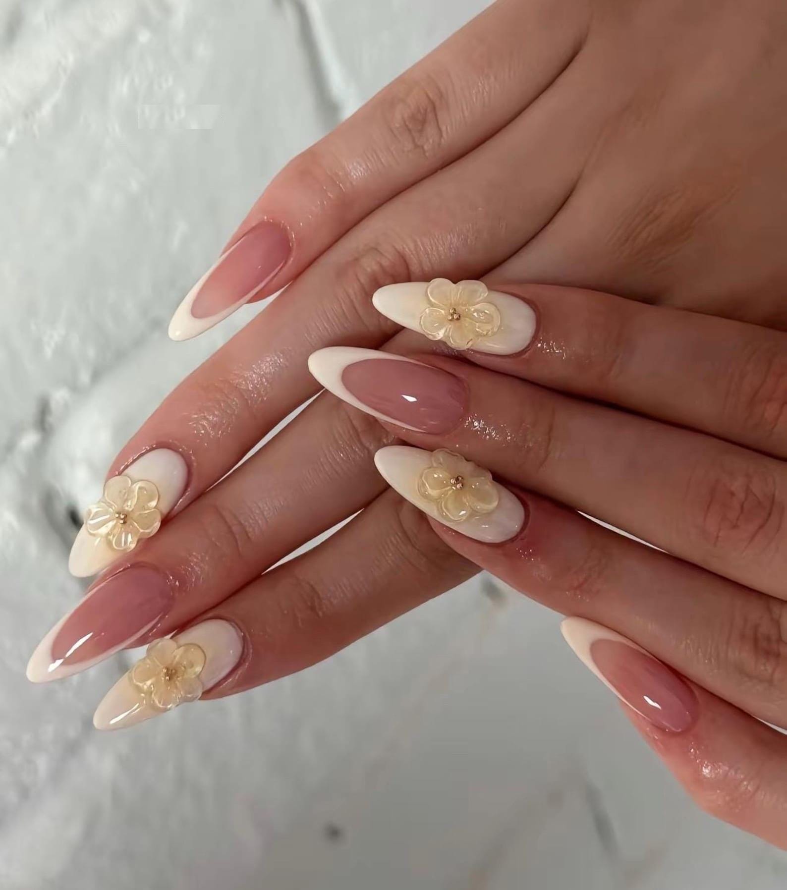 Almond Press On Nails: White French Tip, 3D Flower Pearl Nails